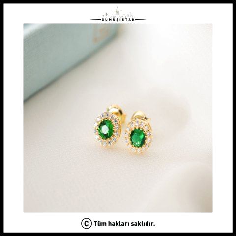 925 Ayar Gümüş Mayıs Ayı Doğum Taşı ( Emerald ) Küpe