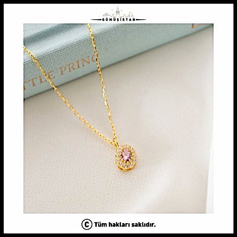 925 Ayar Gümüş Ekim Ayı Doğum Taşı ( Pink Tourmaline ) Kolye