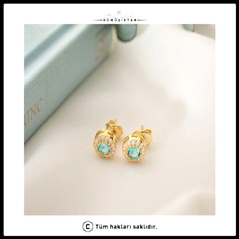 925 Ayar Gümüş Aralık Ayı Doğum Taşı ( Blue Topaz ) Küpe