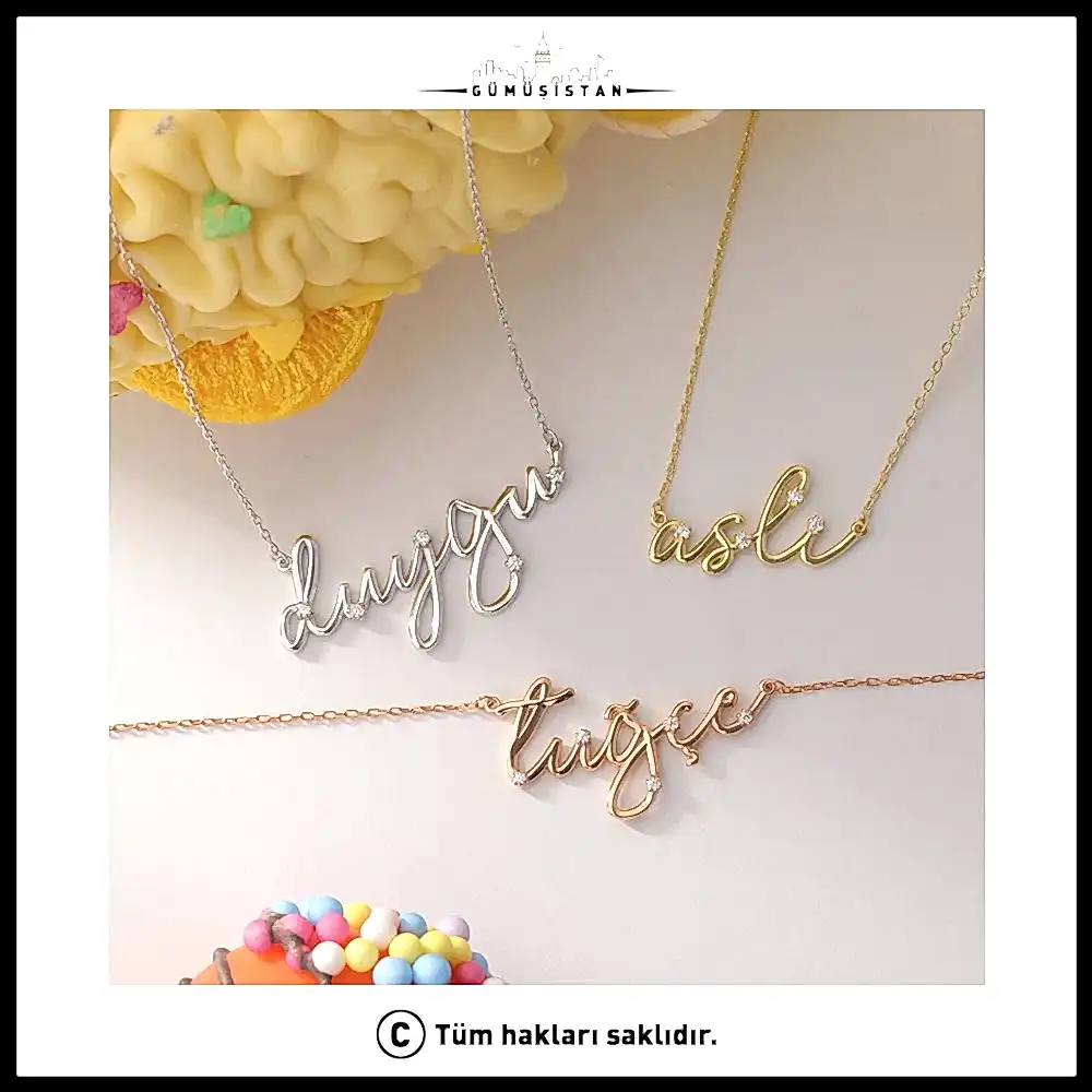 925 Ayar Gümüş Zirkon Taşlı İmza İsimli&nbsp;Kolye