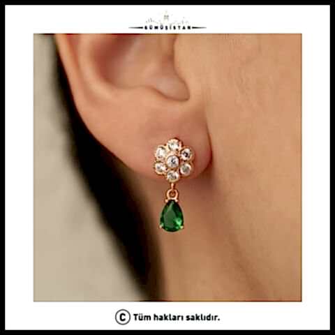 925 Ayar Gümüş yeşil Taşlı Çiçek Küpe