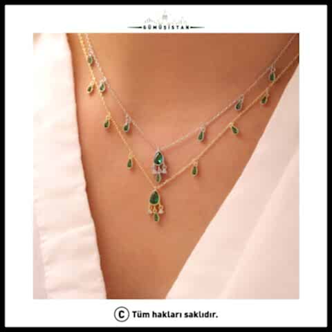 925 Ayar Gümüş Zümrüt Taşlı Salaş Kolye