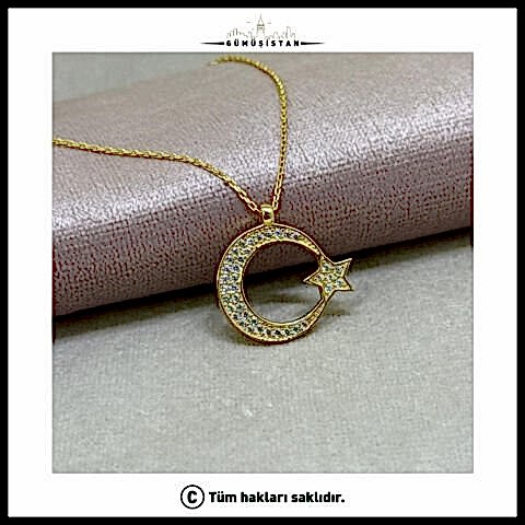 925 Ayar Gümüş Zirkon Taş detaylı Ay Yıldız Kolye