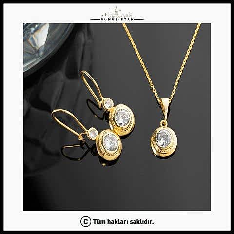 925 Ayar Gümüş Trend Tektaş Kolye-Küpe Takı Seti