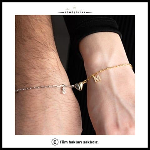 925 Ayar Gümüş Harf ve Kalp Detaylı Çift Bileklik