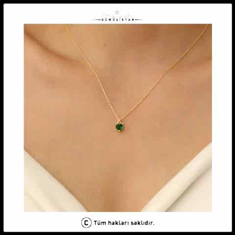 925 Ayar Gümüş Yeşil Taş Detaylı Kalp Kolye
