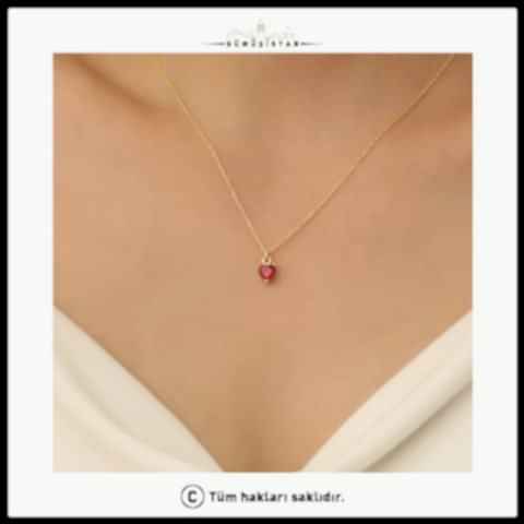925 Ayar Gümüş Kırmızı Kalp Detaylı Kalp Kolye