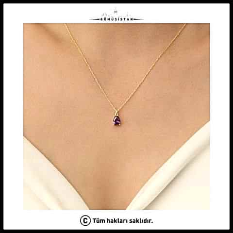 925 Ayar Gümüş Mor Taşlı Damla Kolye