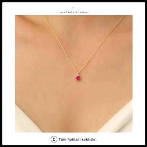 925 Ayar Gümüş Kırmızı Kalp Detaylı Kalp Kolye