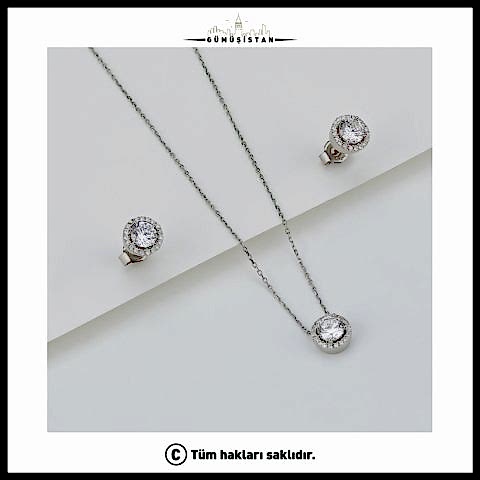925 Ayar Gümüş Pırlanta Model Kolye Küpe Seti ( Rodyum )