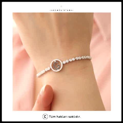 925 Ayar Gümüş Sİyah Taşlı Harfli Asansörlü Suyolu